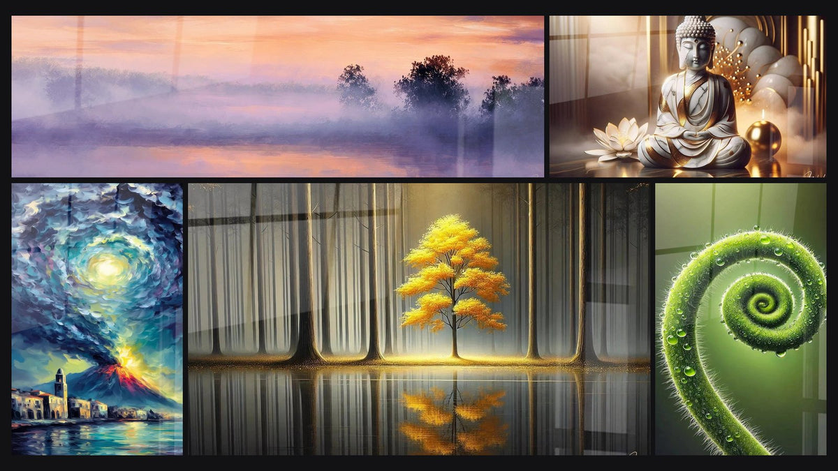 Mosaïque de cinq tableaux, dont Paysage brumeux au coucher de soleil et Volcan en Éruption avec Vortex Céleste