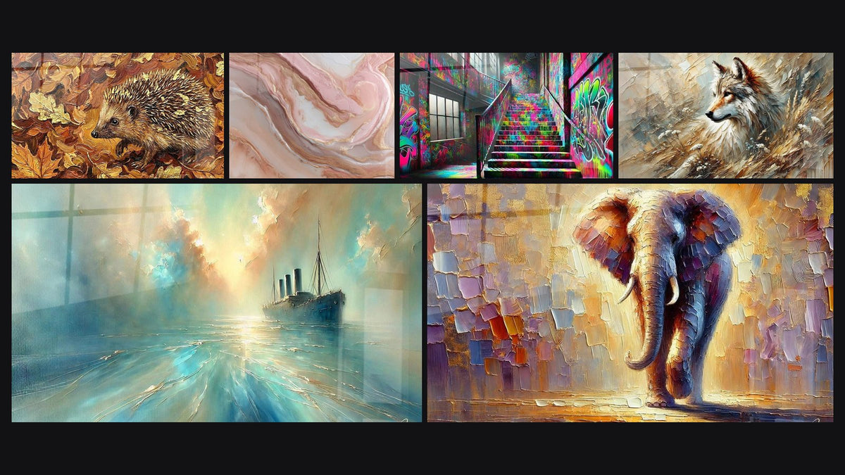 Mosaïque de six tableaux, dont Au Cœur de la Brise, Street art N°5 et Echo de la Forêt