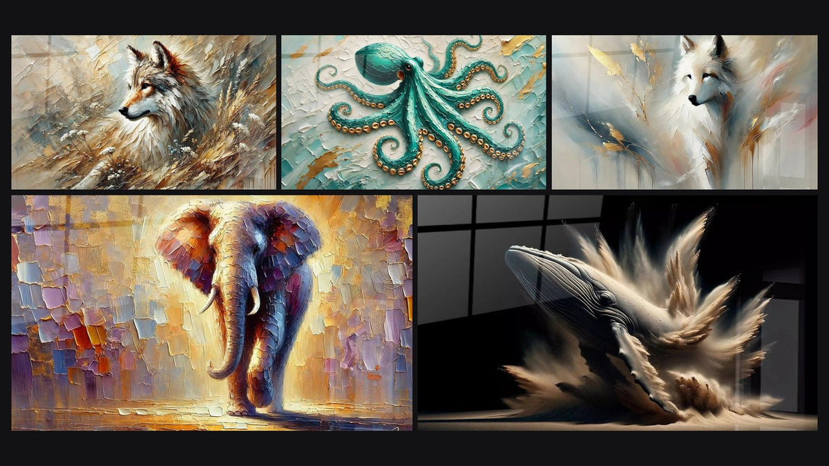 Mosaïque de cinq tableaux, dont Echo de la Forêt, Colosse de Lumière et La baleine d'Elise