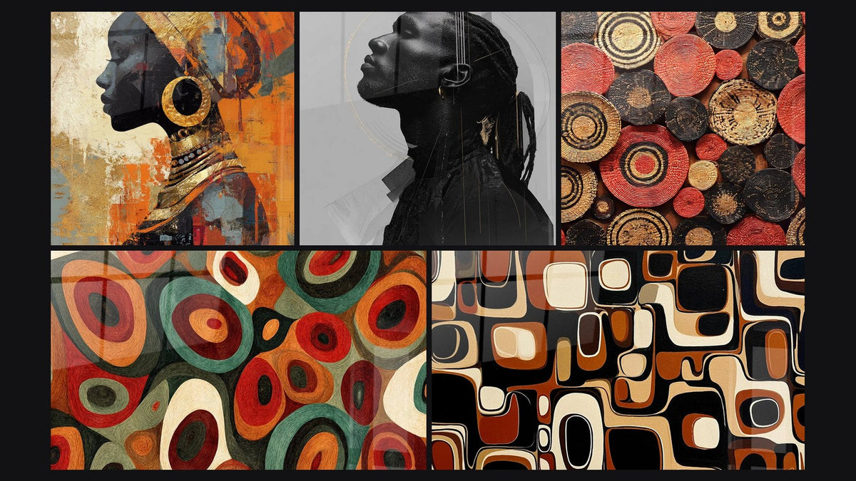 Mosaïque de cinq tableaux, dont Profil Africain, Portrait Africain Profil et Paniers Africains Tressés