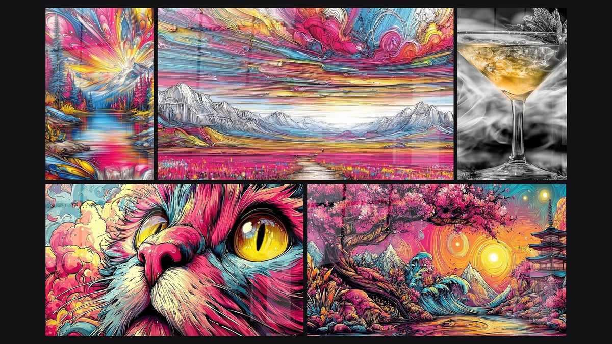 Mosaïque de cinq tableaux, dont Paysage fantastique, Paysage montagneux et Chat psychédélique