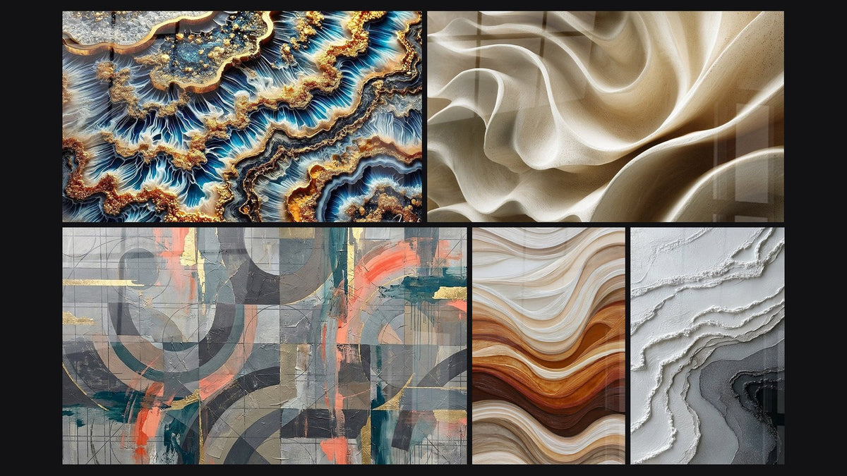 Mosaïque de cinq tableaux, dont Marée Dorée, Cercles gris et corail entrelacés et Ondulations Fluides Terre et Cuivre