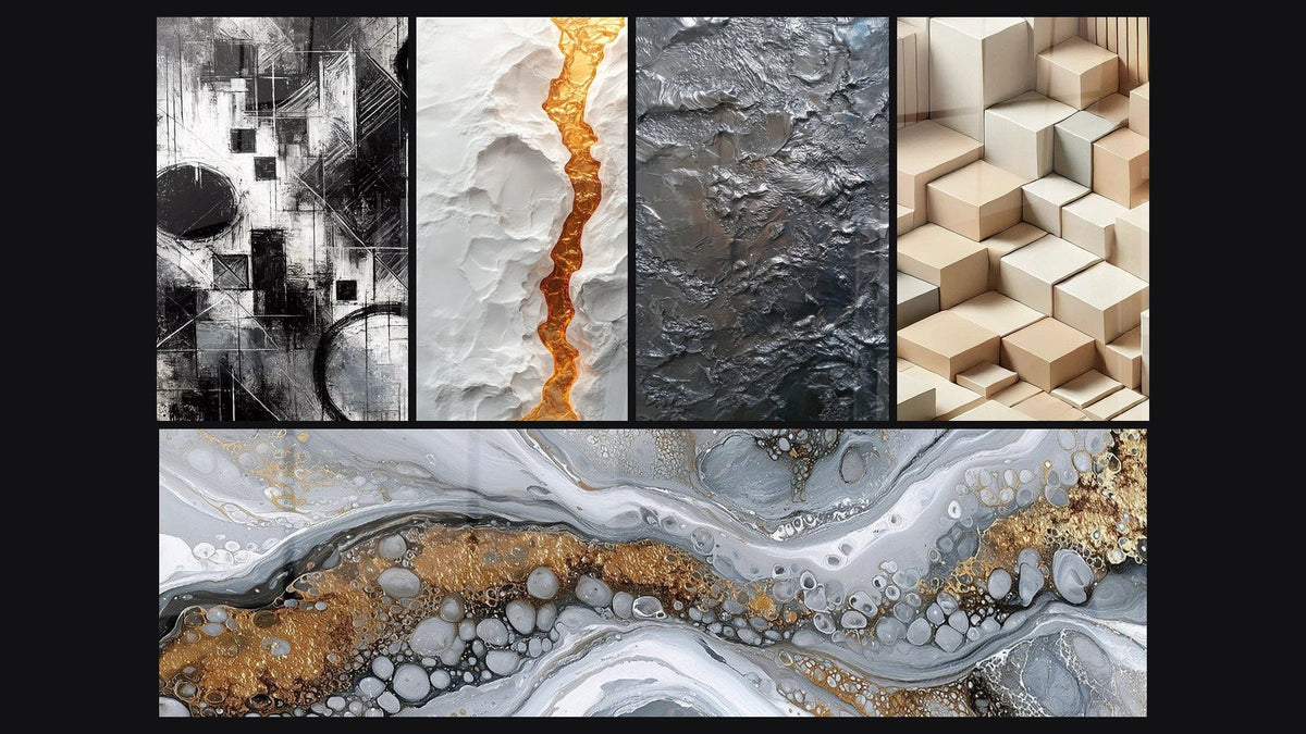 Mosaïque de cinq tableaux, dont Fragments d’Absolu, Faille dorée serpentine sur relief blanc et Abstrait Fluide Gris et Or