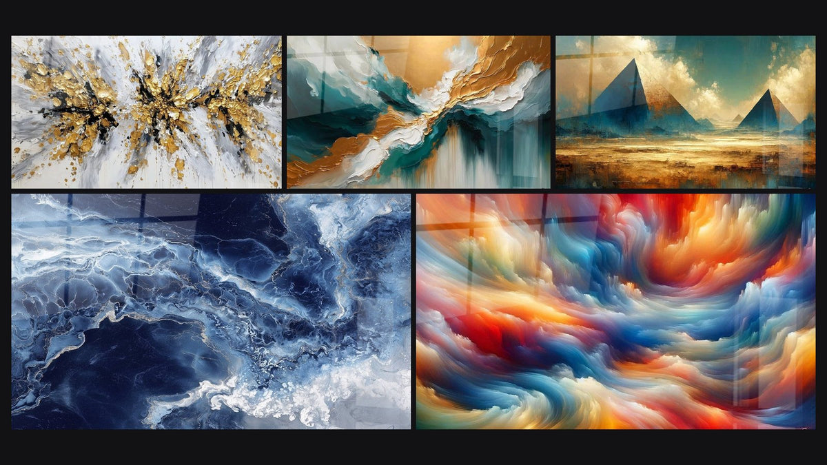 Mosaïque de cinq tableaux, dont Explosion dorée et grise sur fond blanc et Nuances bleues et veines dorées fluides