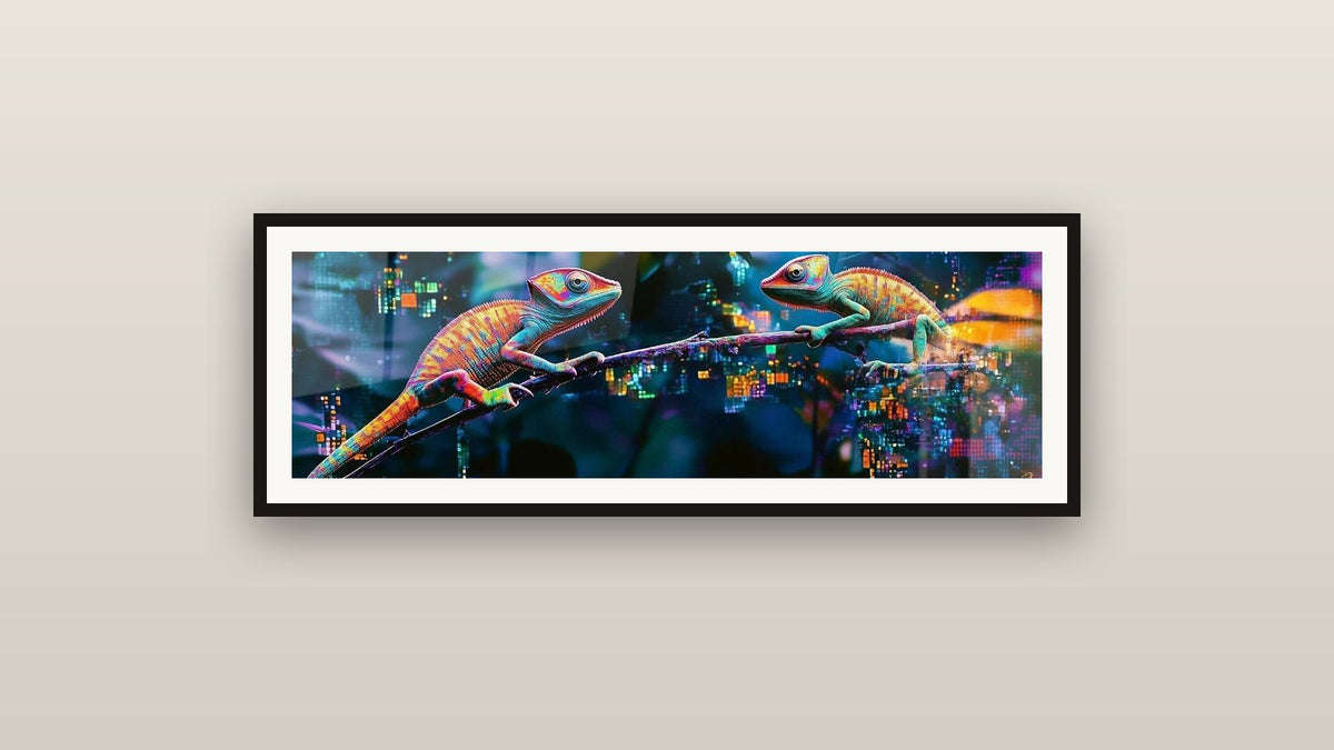 Tableau encadré sur un mur : Caméléon gardiens holographiques
