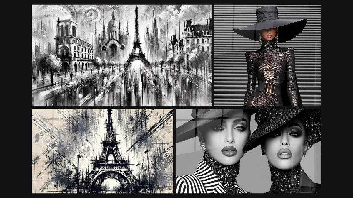 Mosaïque de quatre tableaux, dont Paris Noir et Blanc N°1, Tour Eiffel N°2 et Mode Parisienne