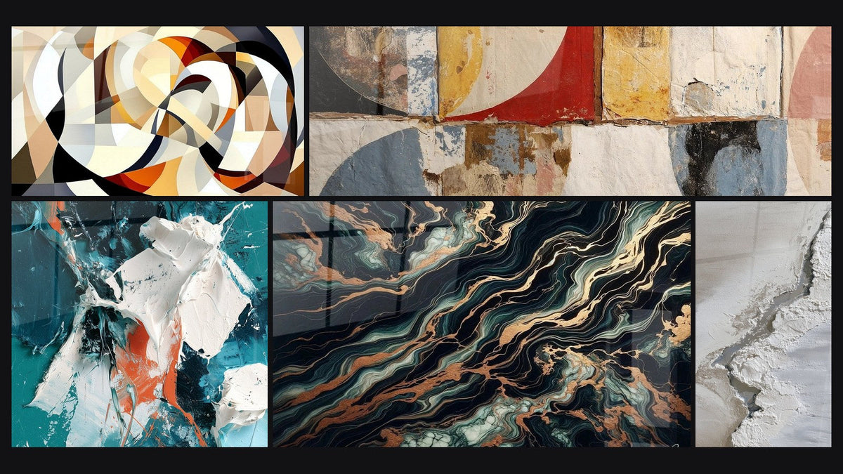 Mosaïque de cinq tableaux, dont Formes circulaires entrelacées, Éclat blanc et sarcelle en relief et Flux Aurifère