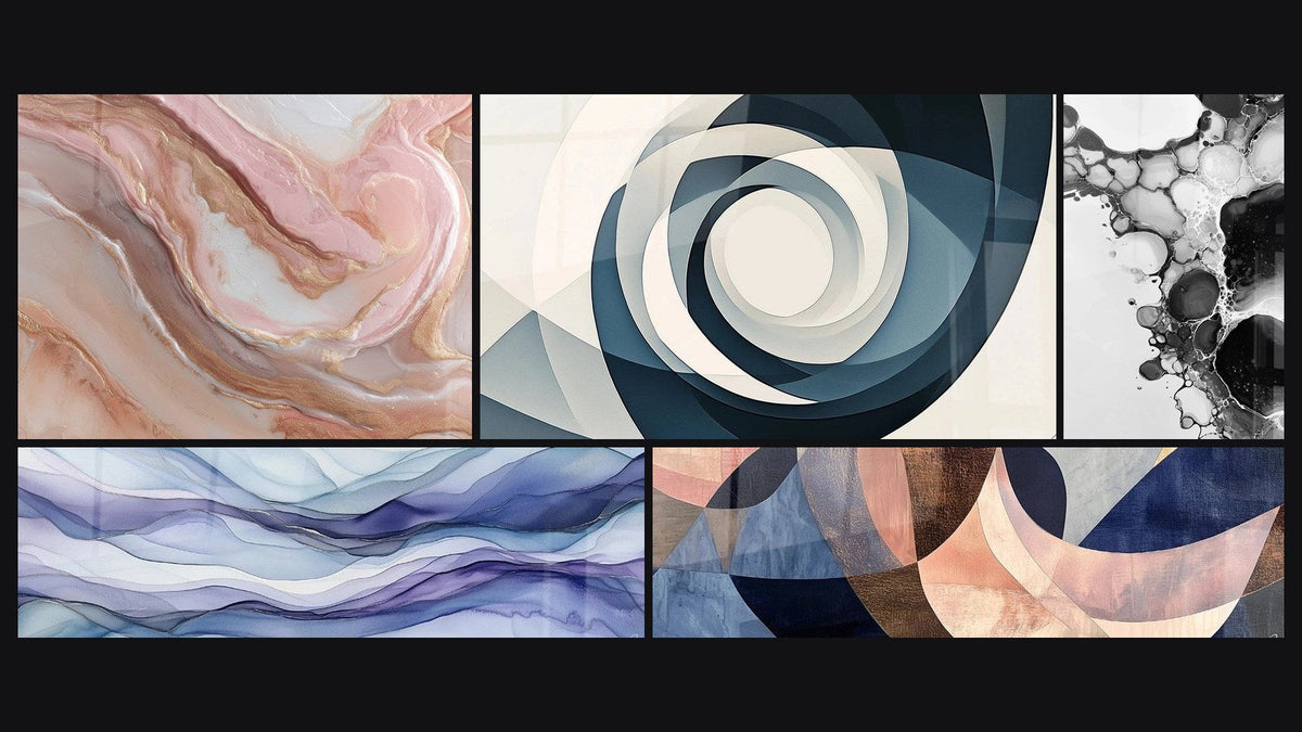 Mosaïque de cinq tableaux, dont Vortex Azur, Nappes Oniriques Pervenche et Fusion Arcs Gracieux Terracotta