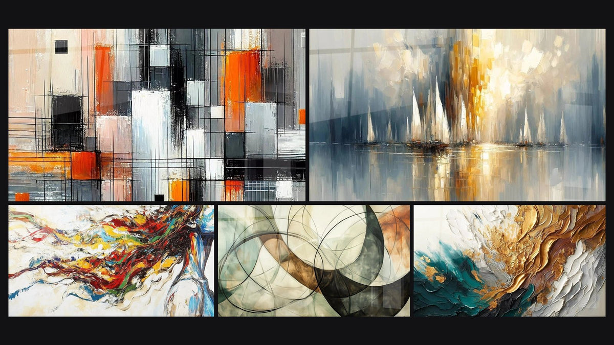 Mosaïque de cinq tableaux, dont Mécanique des couleurs, Aurore sur la Baie et Muse Moderne