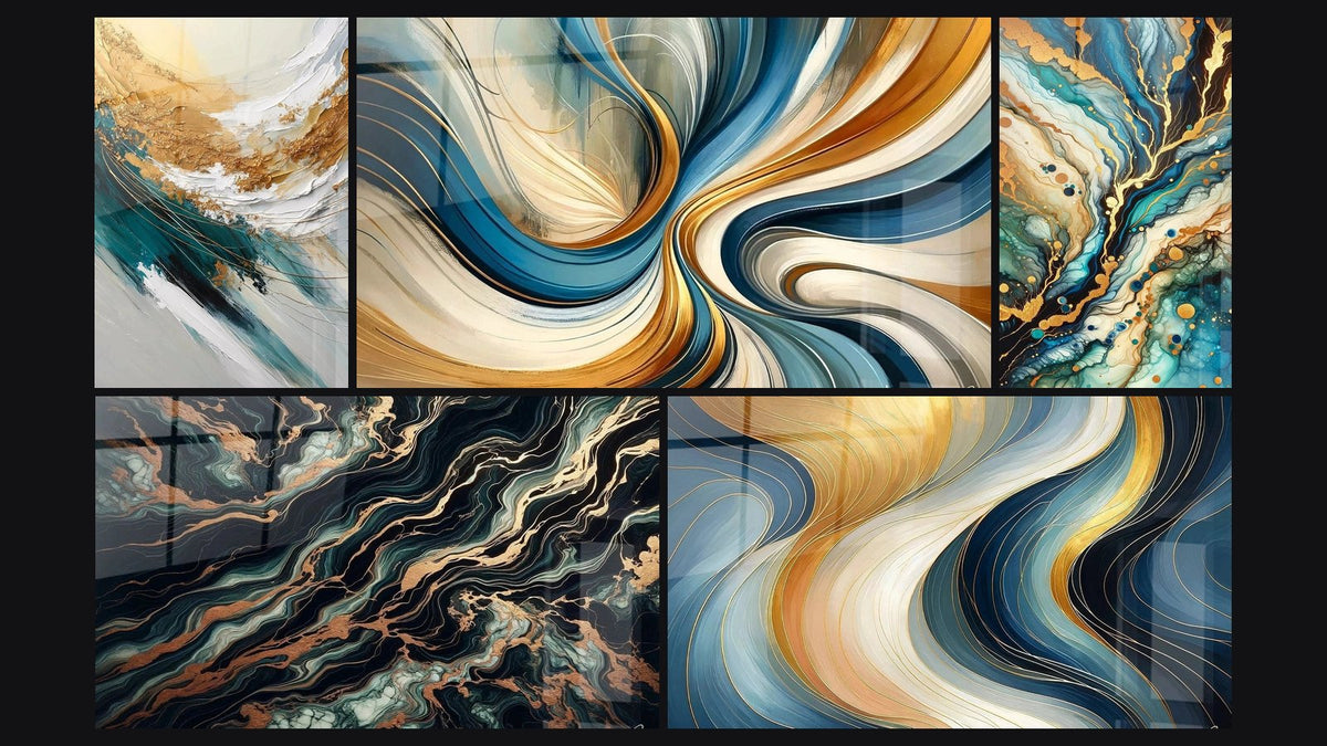 Mosaïque de cinq tableaux, dont Crête d'Or et d'Écume, Flux Aurifère et Spirales Élégantes