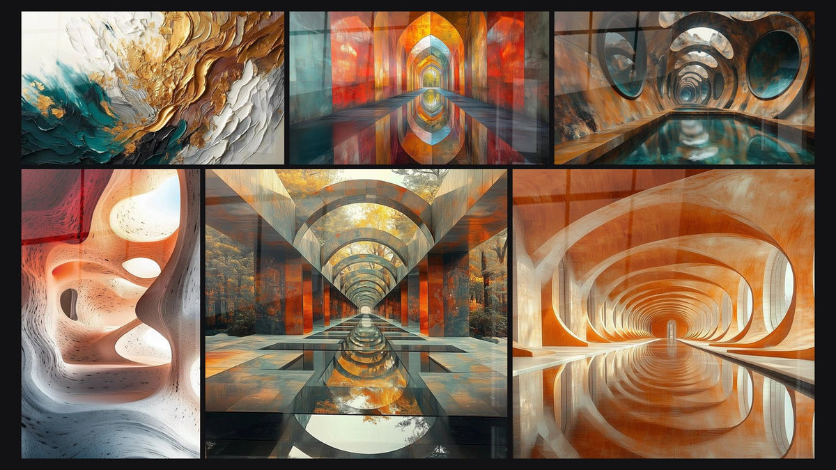 Mosaïque de six tableaux, dont Trace en Or et Jade, Voûtes Chatoyantes Vermillon et Abîme Lumineux Oxydé