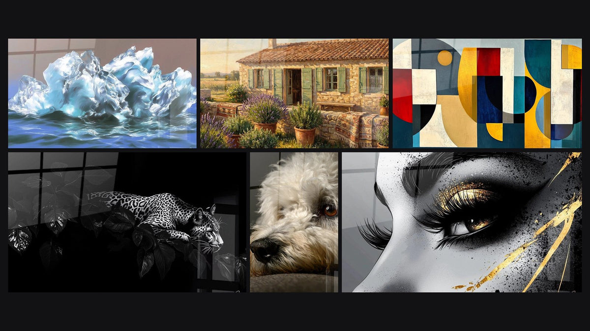 Mosaïque de six tableaux, dont Iceberg Géant Arctique, Jaguar N°1 et Portrait de Chien aux Yeux Ambrés