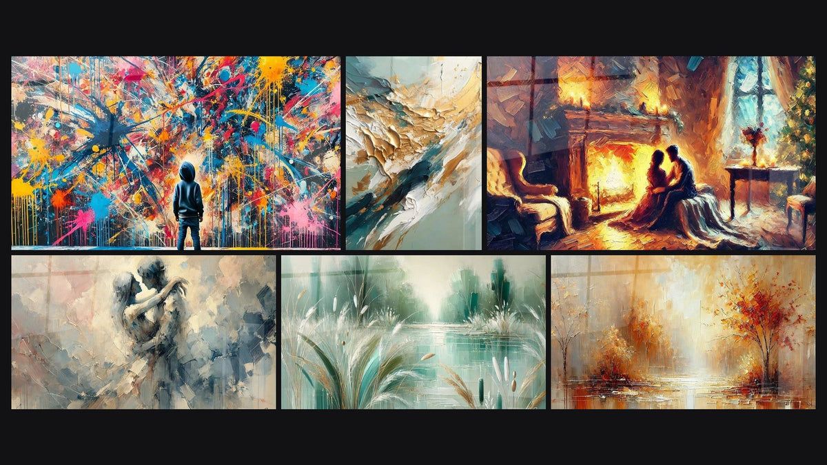 Mosaïque de six tableaux, dont Éclats de Peinture, Entre Nous et Décoration paysagère N°1