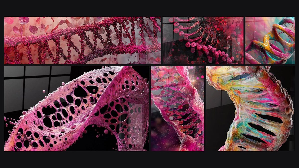 Mosaïque de six tableaux, dont ADN hélix rose, Structure moléculaire rose et ADN abstrait