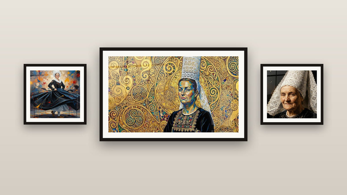 Mur de galerie avec trois tableaux encadrés : Danseuse Bretonne, Femme Bretonne en Coiffe et Femme Bretonne Art Nouveau