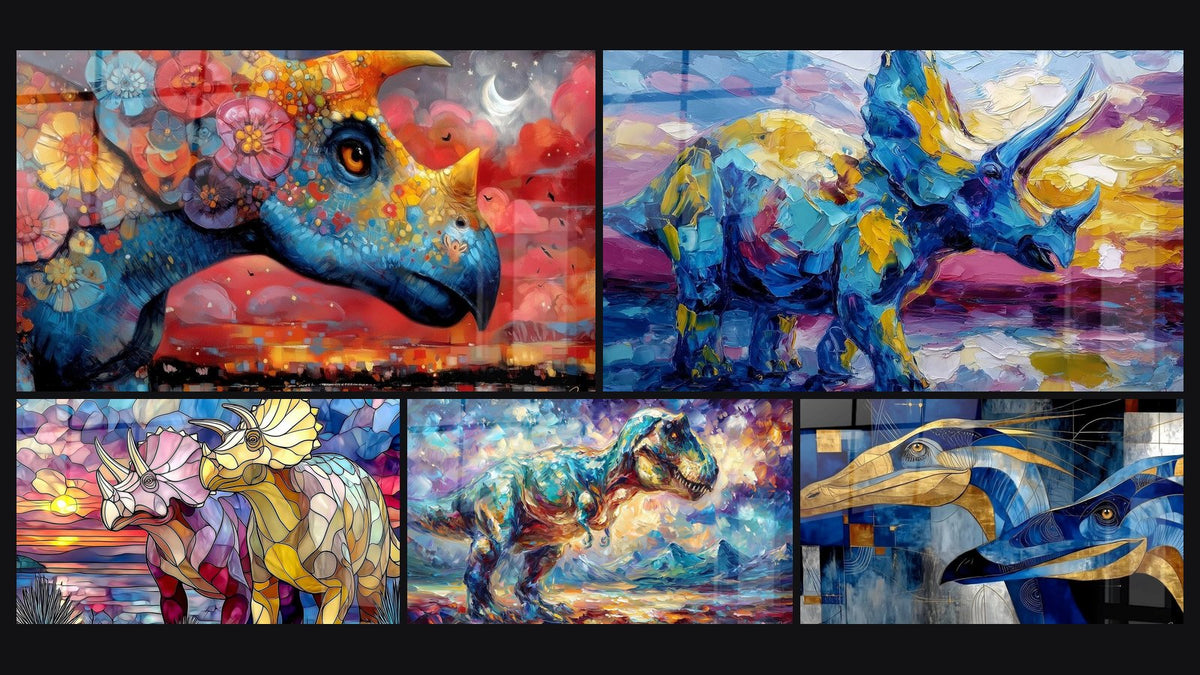 Mosaïque de cinq tableaux, dont Dinosaure Fantastique Fleuri, Triceratops et Triceratops Vitrail Coloré