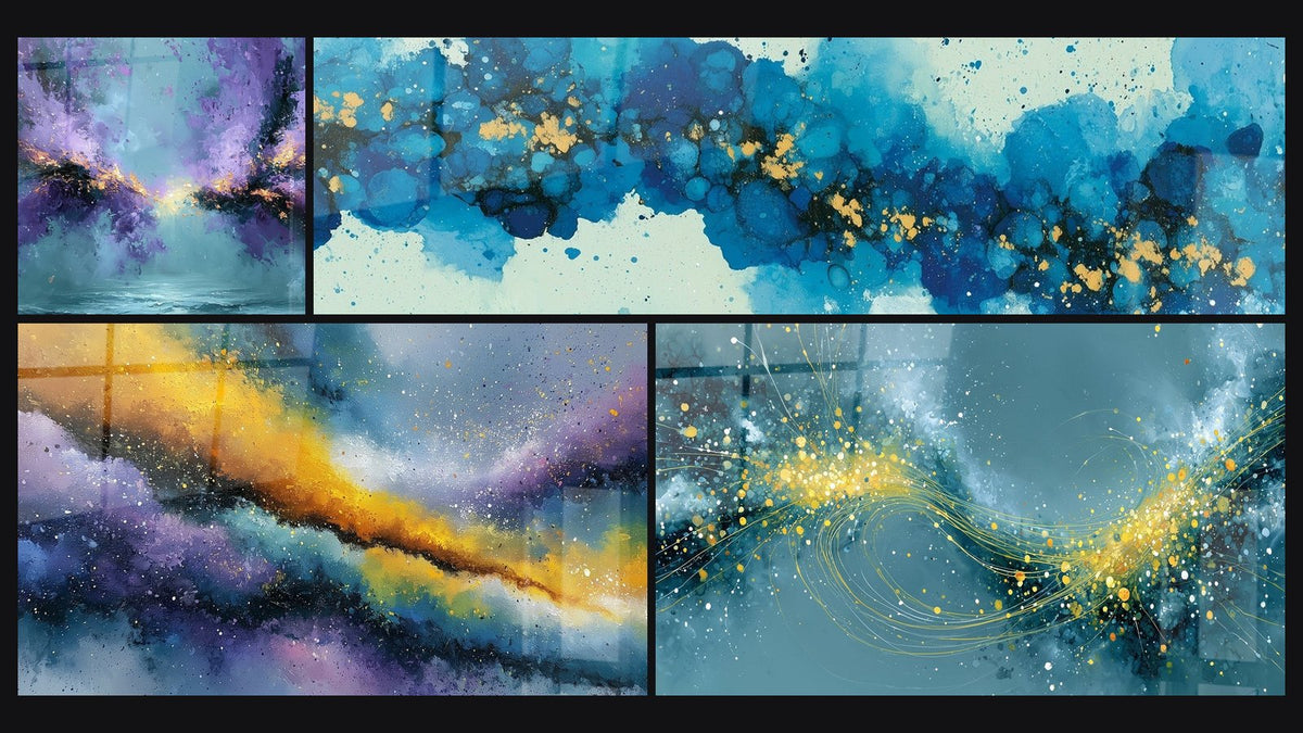 Mosaïque de quatre tableaux, dont Nébuleuse violette et bleu turquoise dorée et Nébuleuse bleue aux éclats dorés