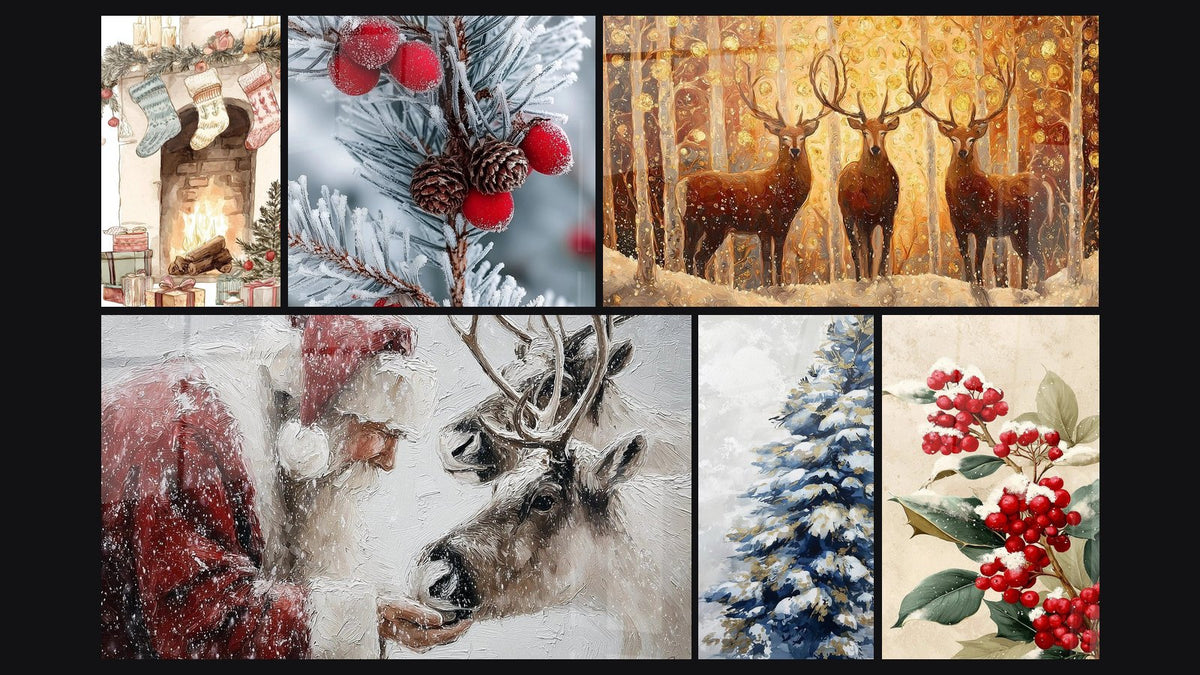 Mosaïque de six tableaux, dont Cheminée Bûches Crépitantes de Décembre et Gui hivernal Offrandes Joyeuses