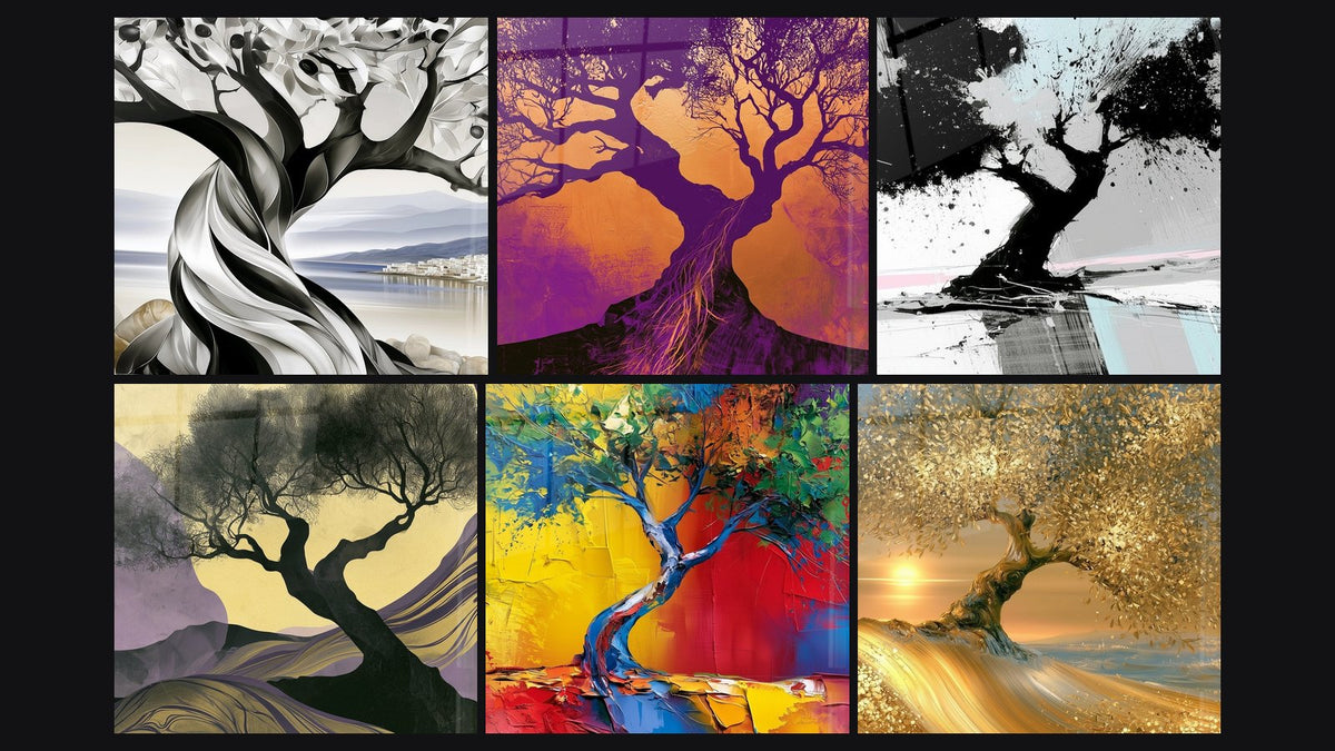 Mosaïque de six tableaux, dont Olivier noir et blanc au tronc torsadé et Olivier tourmenté violet et orangé
