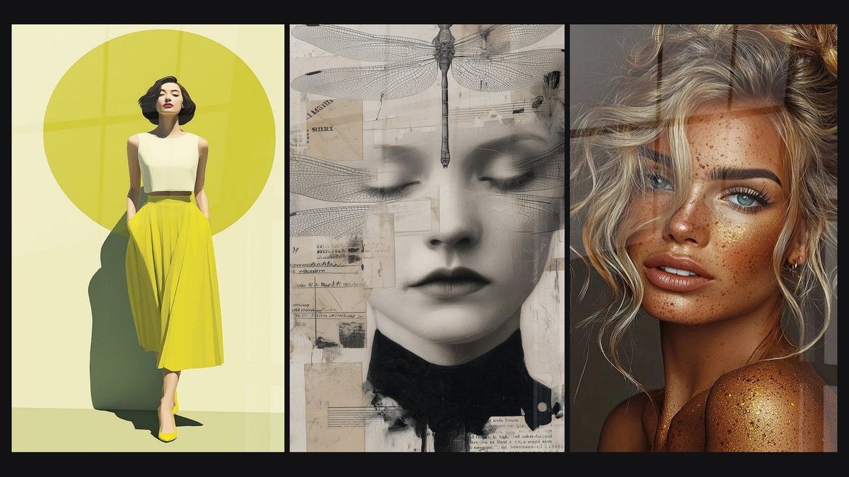 Mosaïque de trois tableaux : Femme jupe jaune cercle citron, Visage libellule beige et noir manuscrit et Femme Séduisante