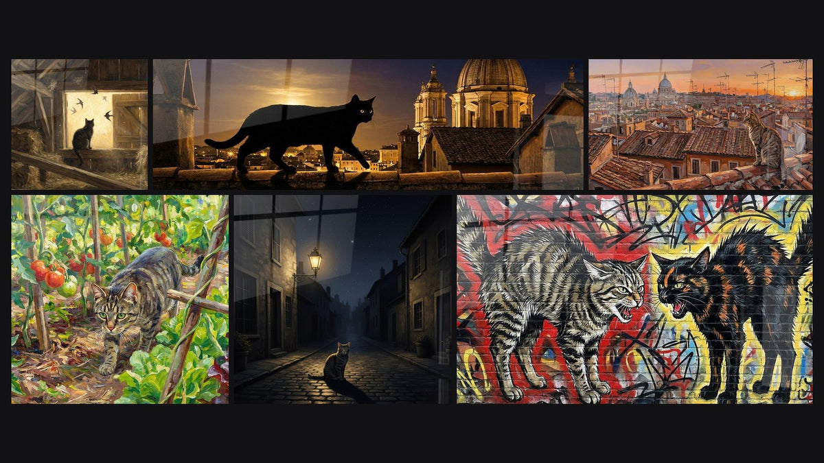 Mosaïque de six tableaux, dont Chat dans Grange Rustique, Chat dans le Potager aux Tomates et Chat Nocturne dans Rue Pavée