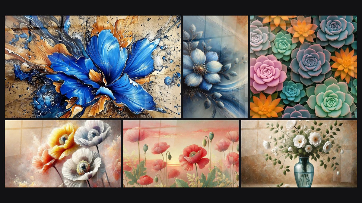 Mosaïque de six tableaux, dont Fleur abstraite bleue, Beauté Éphémère et Beauté Printanière