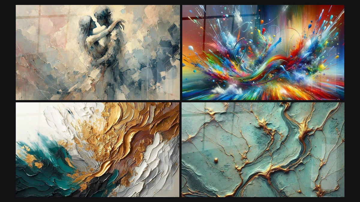 Mosaïque de quatre tableaux, dont Entre Nous, Trace en Or et Jade et Big Bang Artistique Éclatant