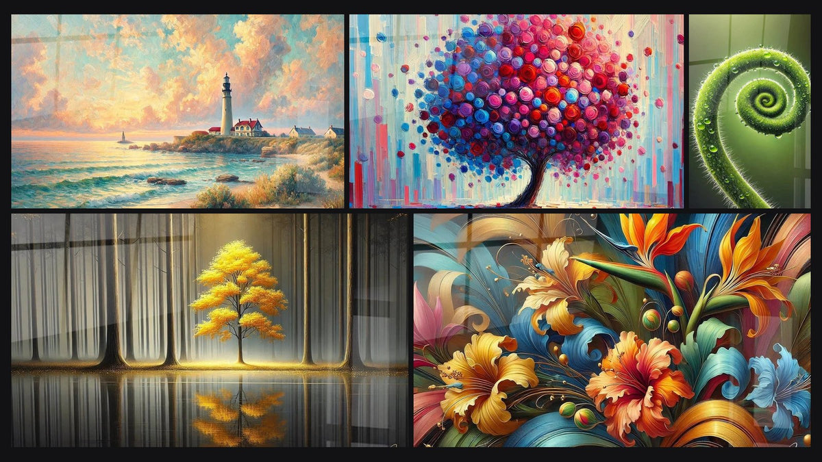 Mosaïque de cinq tableaux, dont Aube sur le Phare, Tranquillité Éternelle et Arbre de Joie