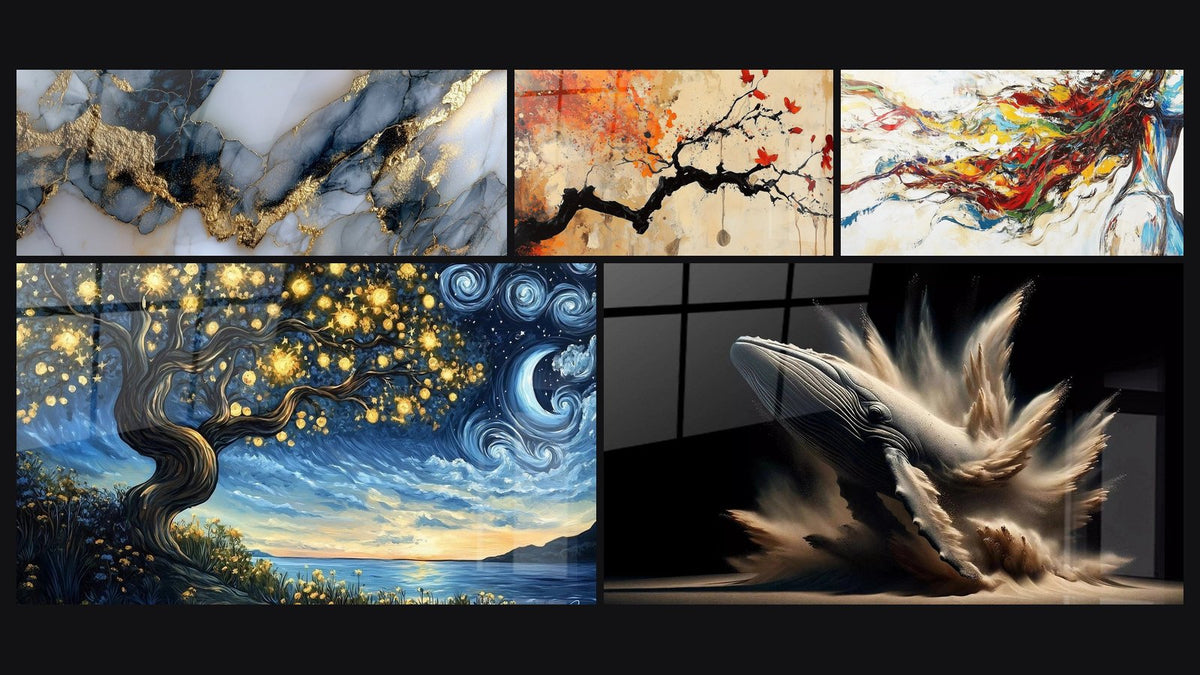Mosaïque de cinq tableaux, dont Terracotta N°4, La baleine d'Elise et Muse Moderne