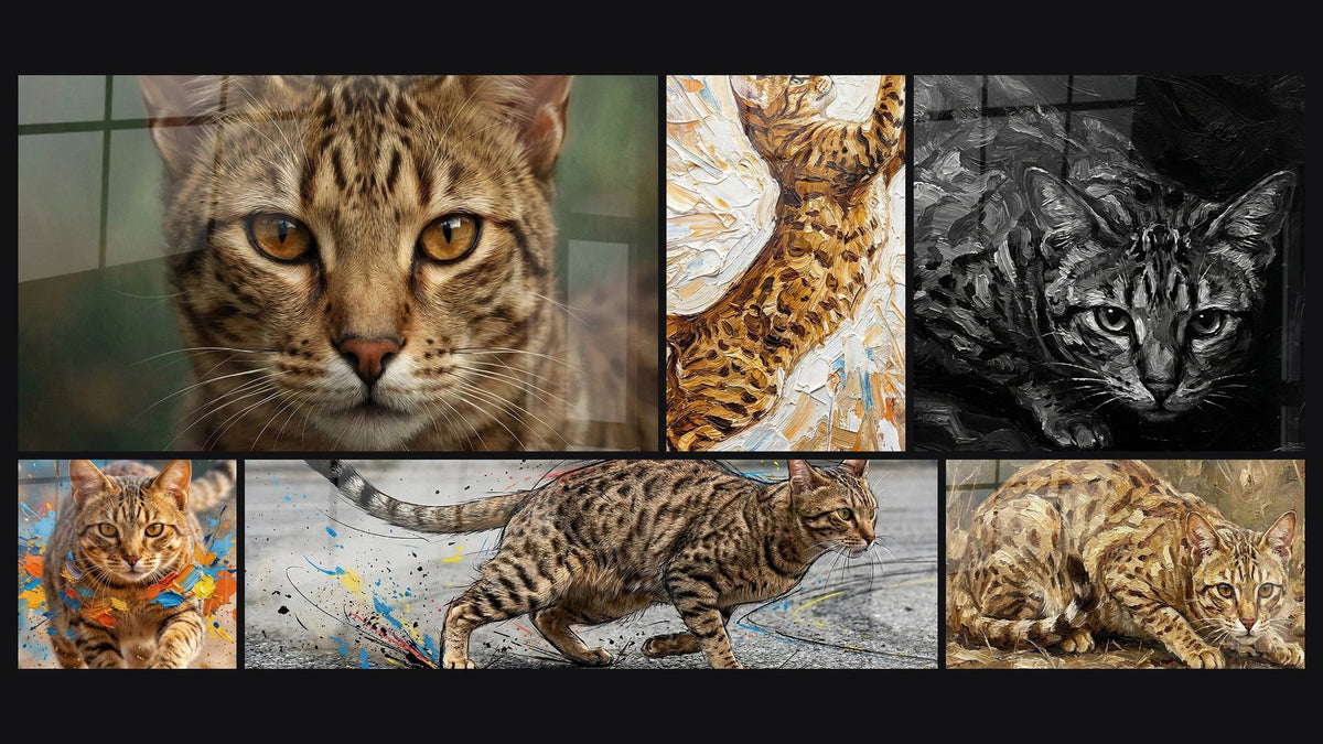 Mosaïque de six tableaux, dont Chat Ocicat Portrait, Chat Ocicat Expressif et Chat Ocicat Éclaboussures Artistiques