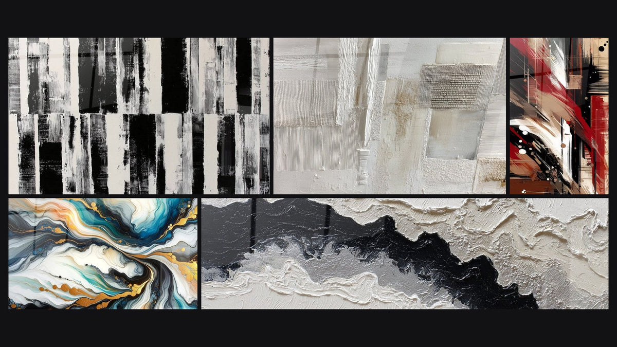 Mosaïque de cinq tableaux, dont Courants Colorés et Désordre Structuré
