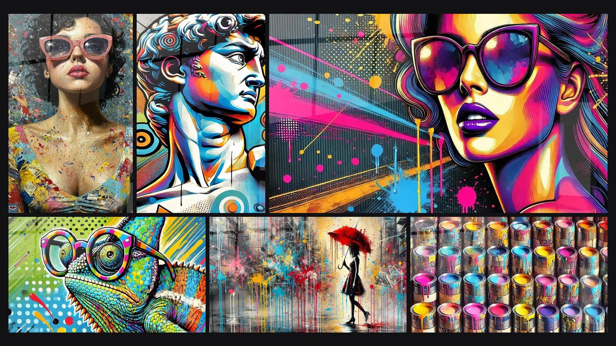 Mosaïque de six tableaux, dont Pop Art, Renaissance Pop et Caméléon Pop Art