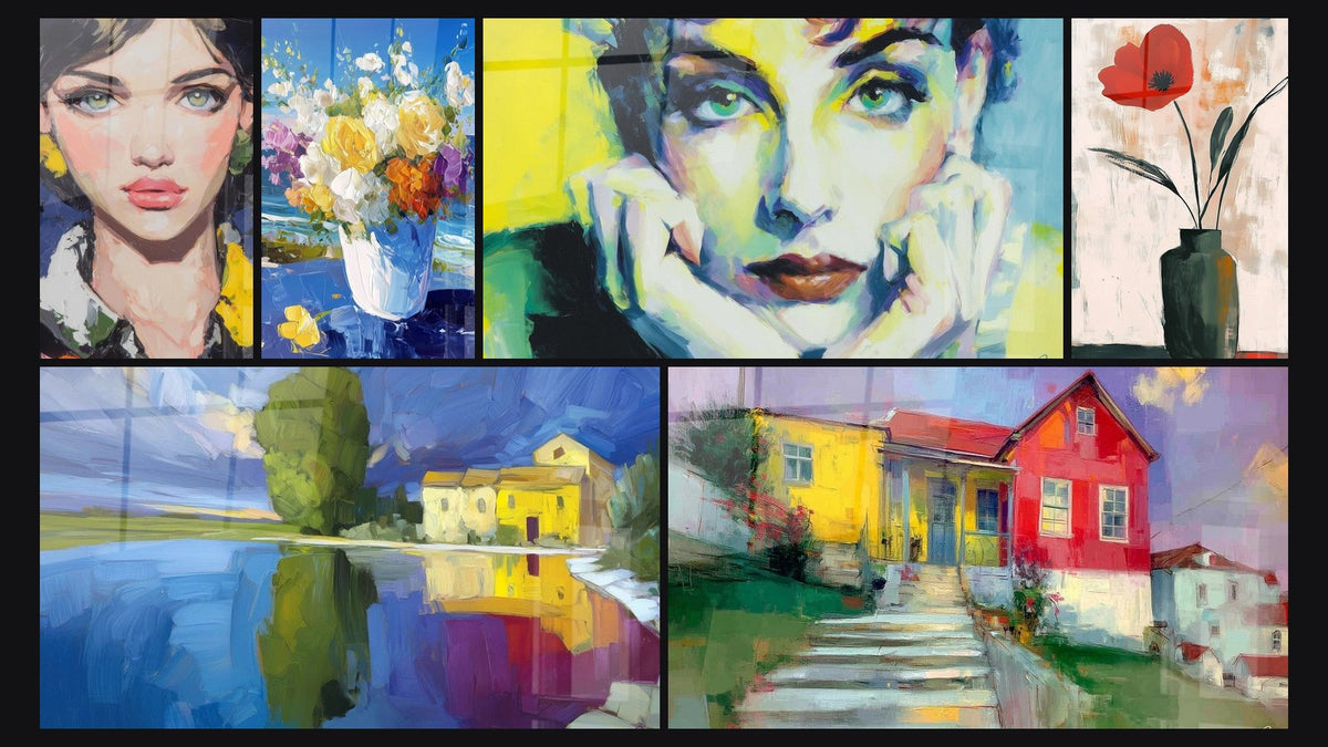 Mosaïque de six tableaux, dont Portrait Beauté Spontanée, Bouquet Explosion Florale et Lac Douceur Cristalline