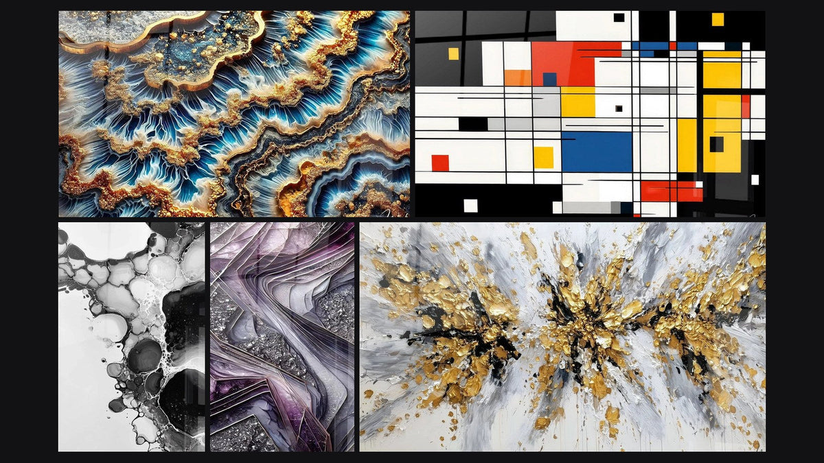 Mosaïque de cinq tableaux, dont Marée Dorée, Composition géométrique colorée et Bulles abstraites