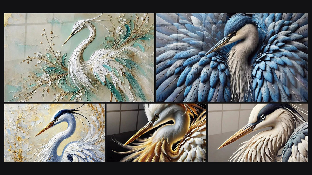 Mosaïque de cinq tableaux, dont Légèreté Sublime, Prince des Marais et Bleu Royal