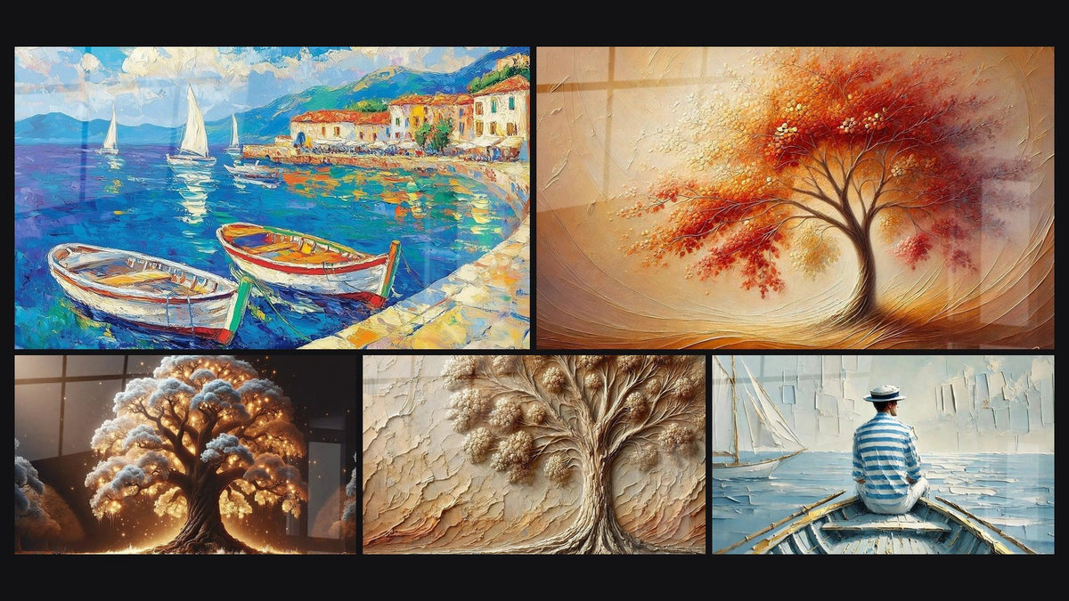 Mosaïque de cinq tableaux, dont Port N°1, Danse des Saisons et Arbre de Nuit