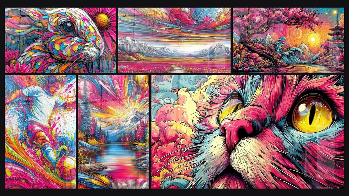 Mosaïque de six tableaux, dont Lapin coloré, Abstrait explosion colorée et Paysage fantastique