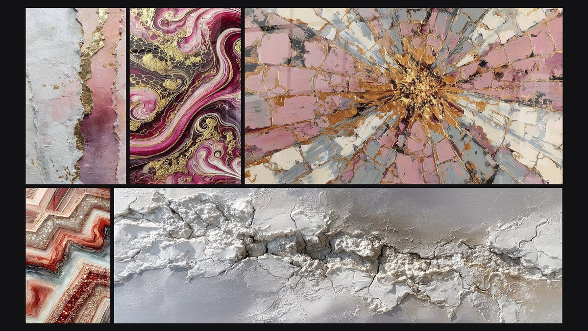 Mosaïque de cinq tableaux, dont Abstrait rose blanc or avec texture dorée, Flammes Pourpres et Fusion Géométrique