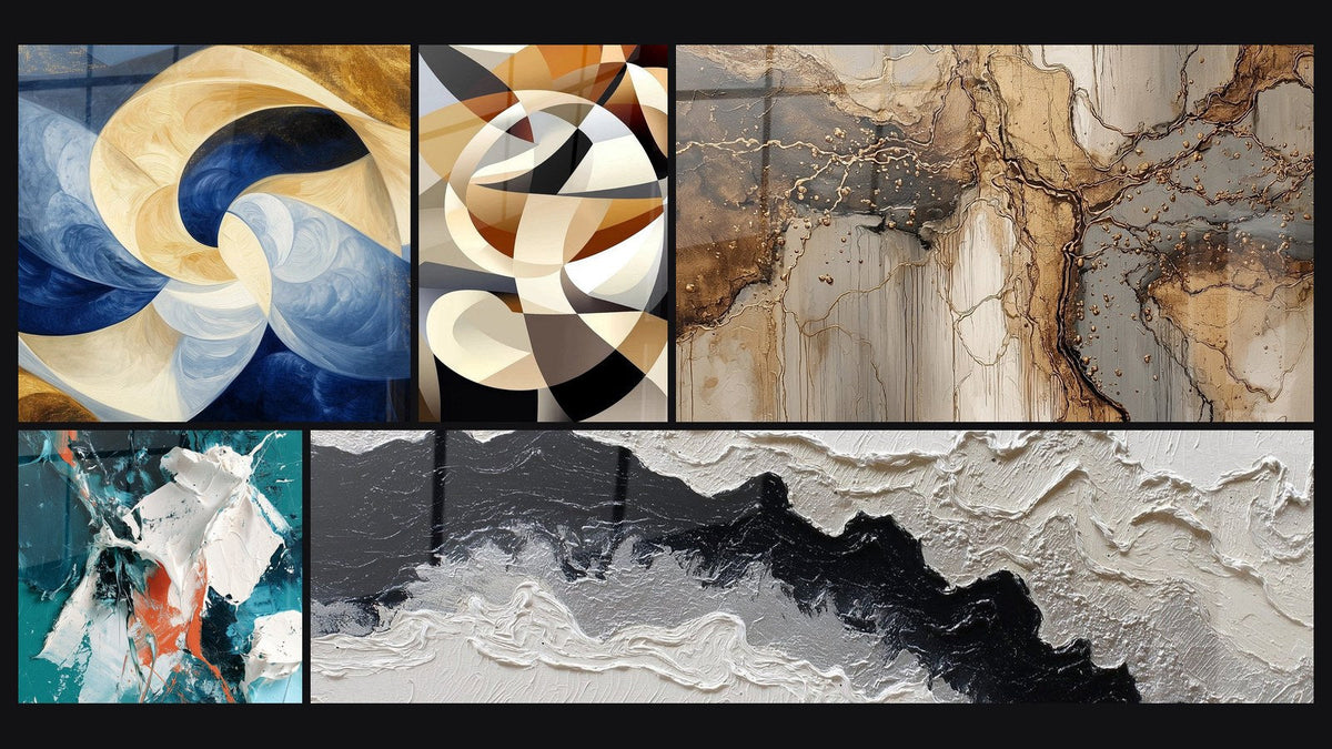 Mosaïque de cinq tableaux, dont Souffle Divin Blanc, Formes circulaires entrelacées et Éclat blanc et sarcelle en relief