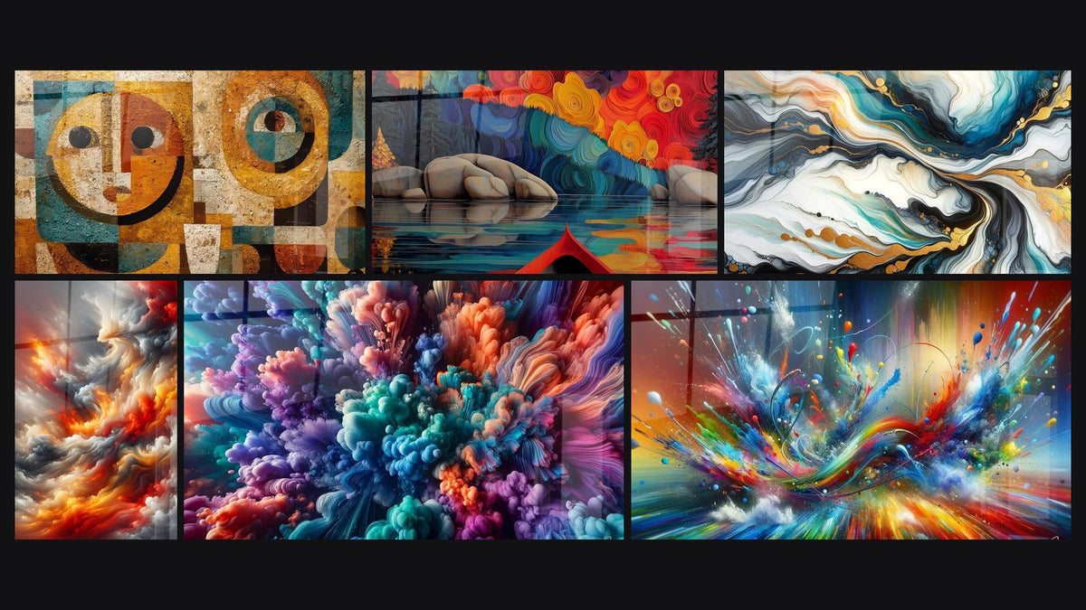 Mosaïque de six tableaux, dont Art géométrique africain, Lac automne abstrait et Courants Colorés
