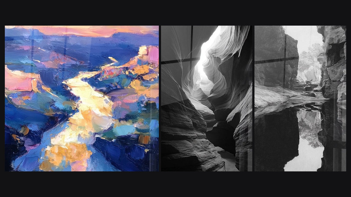 Mosaïque de trois tableaux : Grand Canyon, Canyon sculpté et Canyon Mystique