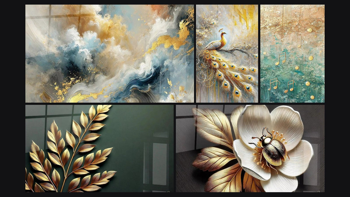 Mosaïque de cinq tableaux, dont Nuées Célestes, Feuilles d’Or et Petit Trésor