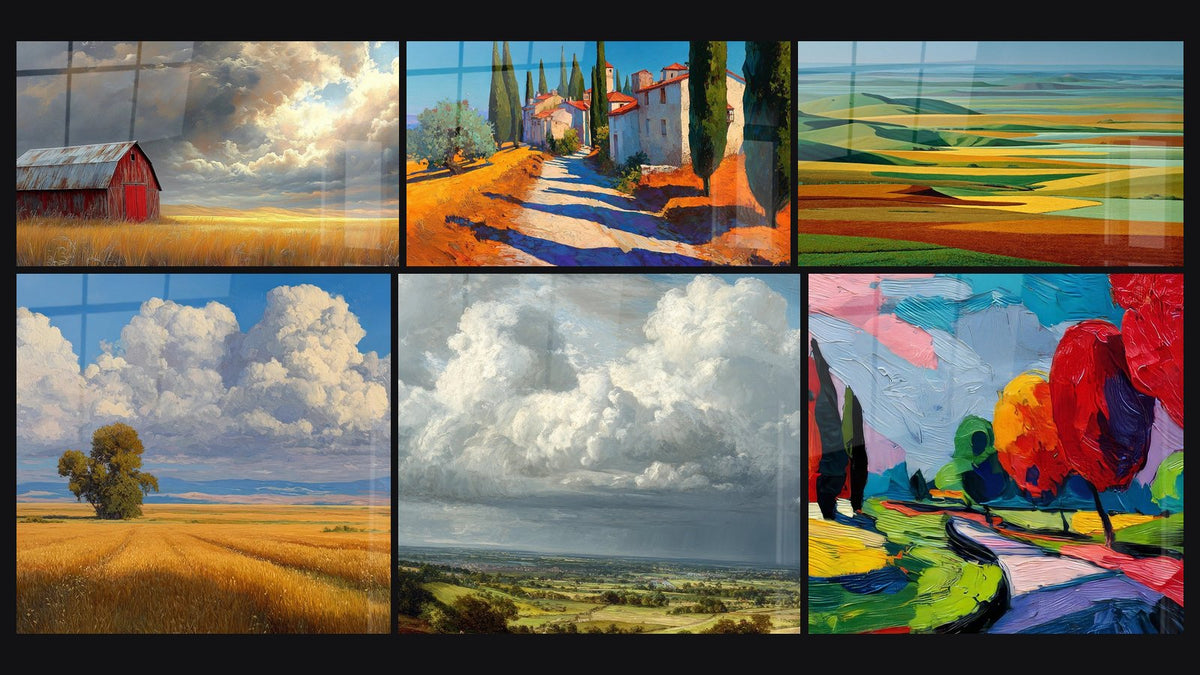 Mosaïque de six tableaux, dont Sanctuaire Pastoral, Paysage rural et Paysage de campagne anglaise