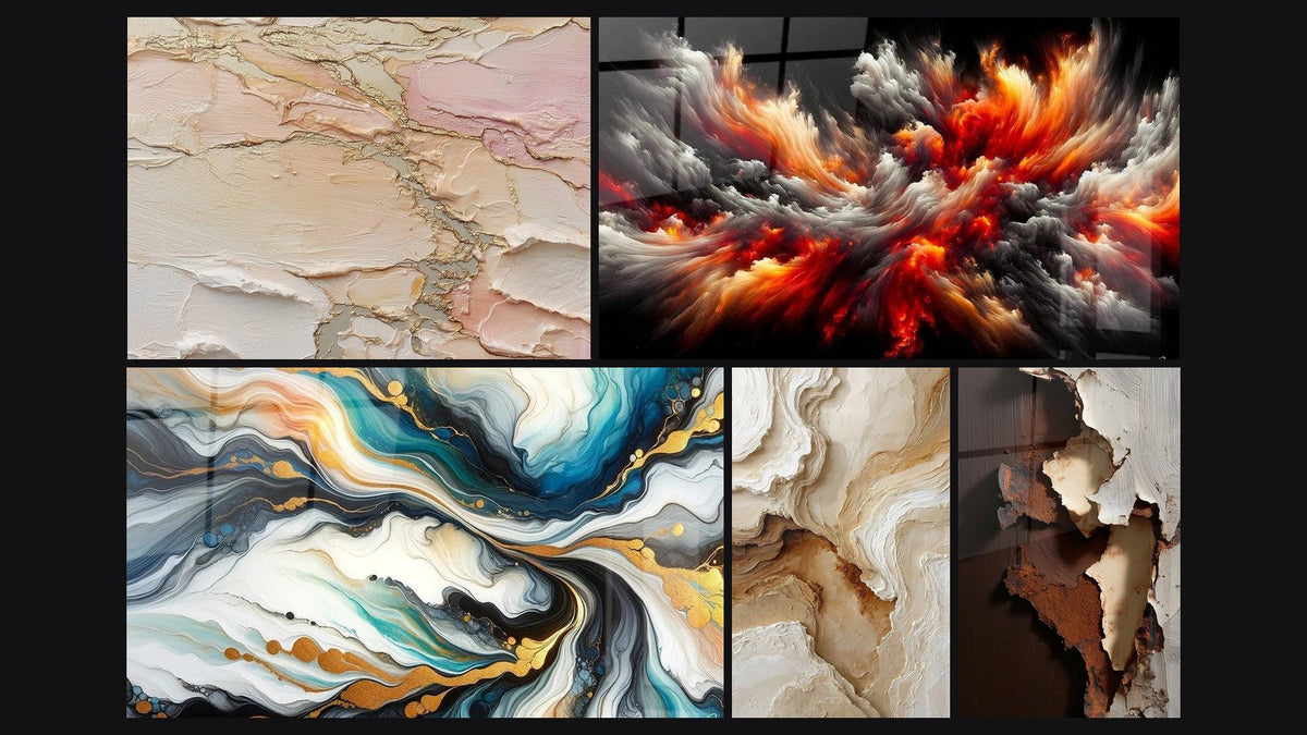 Mosaïque de cinq tableaux, dont Abstrait texturé beige rosé doré, Tempête Solaire Abyssale et Courants Colorés