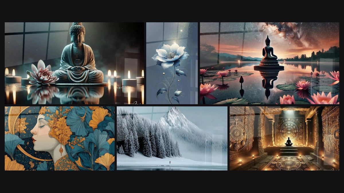 Mosaïque de six tableaux, dont Méditation Paisible, Femme Méditation Dorée et Montagne méditation polaire