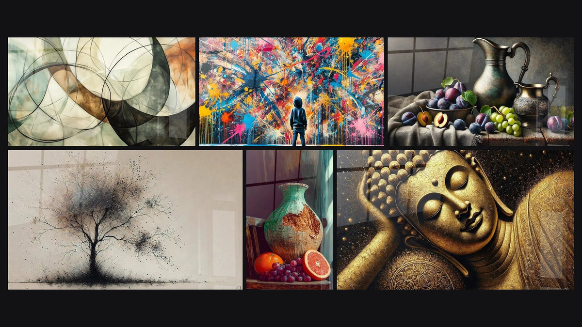 Mosaïque de six tableaux, dont Les Liens Invisibles, Éclats de Peinture et L'Âme du Banquet
