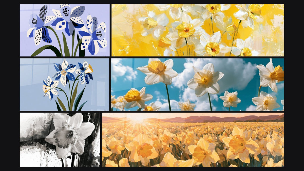 Mosaïque de six tableaux, dont Jonquilles bleues aux motifs graphiques