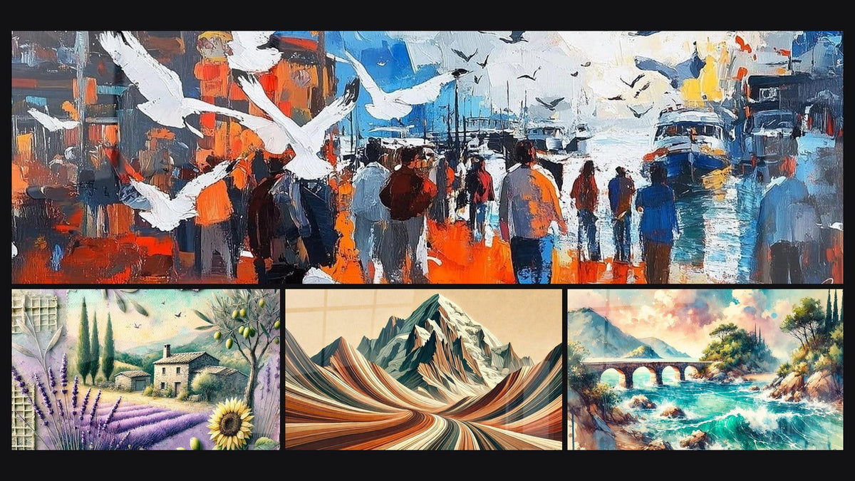 Mosaïque de quatre tableaux, dont Port envol des messagers, Provence N°2 et Mont Blanc N°1