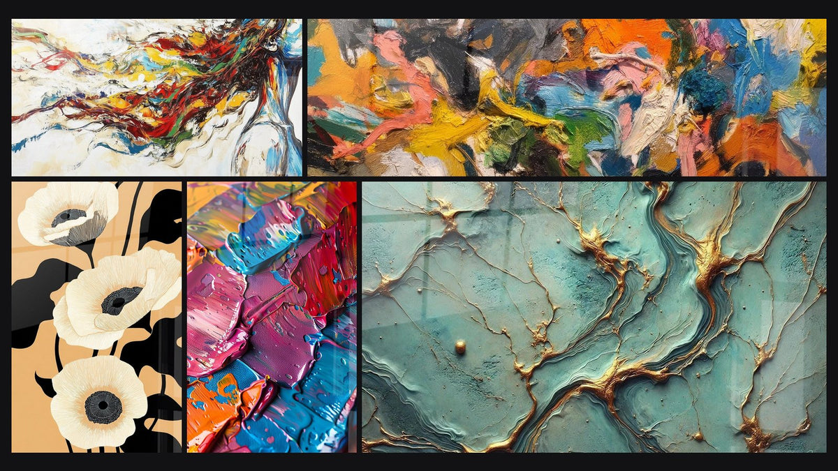 Mosaïque de cinq tableaux, dont Muse Moderne, Fleurs Stylisées et Peinture abstraite multicolore