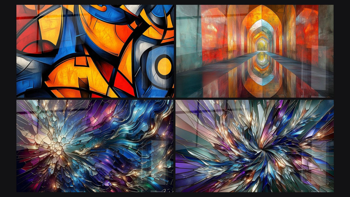 Mosaïque de quatre tableaux, dont Formes géométriques colorées, Voûtes Chatoyantes Vermillon et Éclats de Vitraux